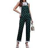 Odefou Checkered Pants Womens Overalls Fashion Bib Coveralls Cute Stretch Jeans Jumpsuit