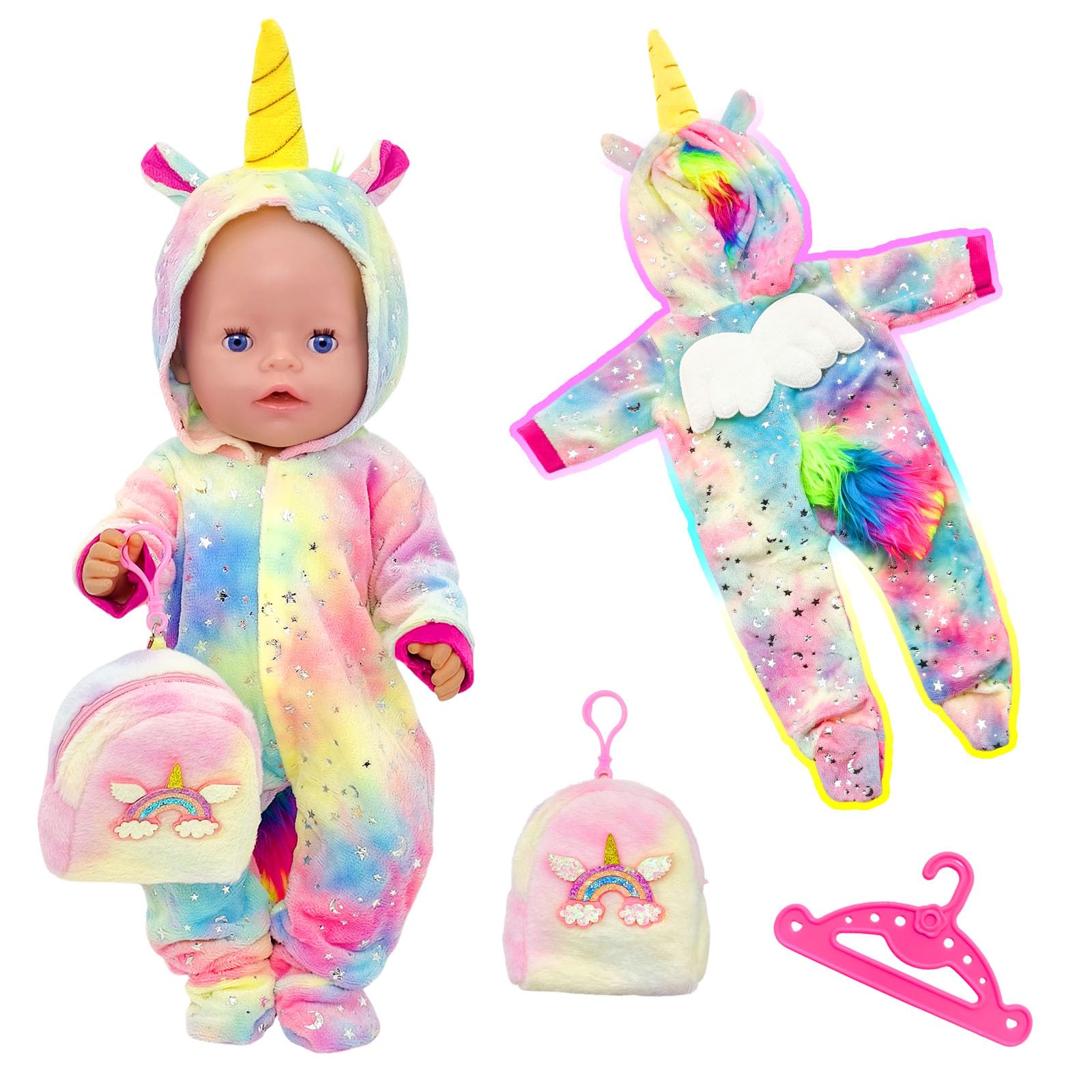 WanderGo Baby Doll Clothes 35-43 cm, 3-piece Baby Doll Outfit with Small Handbags and Clothes Hangers, Dolls Clothes with Wings and Tails on the Back