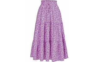 MSLG Women's High Elastic Waist Midi Skirt Casual Summer Trendy Tie Front Flowy Ruffle Floral Print A line Skirts 626