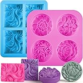 Sakolla 2 Pack Silicone Soap Molds, 4 Cavities Rectangle Wave and Round Flower Silicone Molds for Handmade Soap, Candle and Mousse Cake