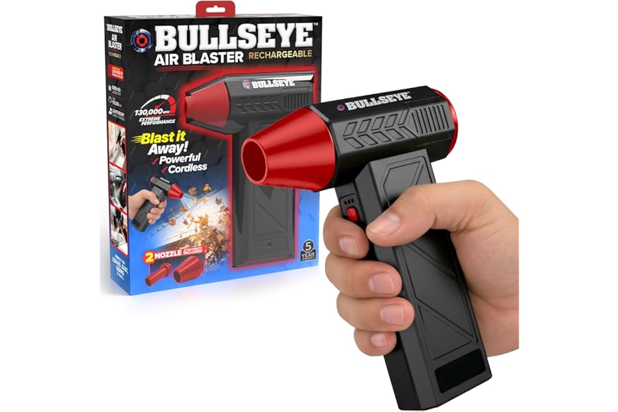 BULLSEYE Blaster 130000 RPM Electric Air Duster, Rechargeable Cordless Compressed Air Blower for Computer Cleaning, Keyboard, Electronics, Car Detailing, 3 Speed Turbo, 2 Nozzles – As Seen on TV