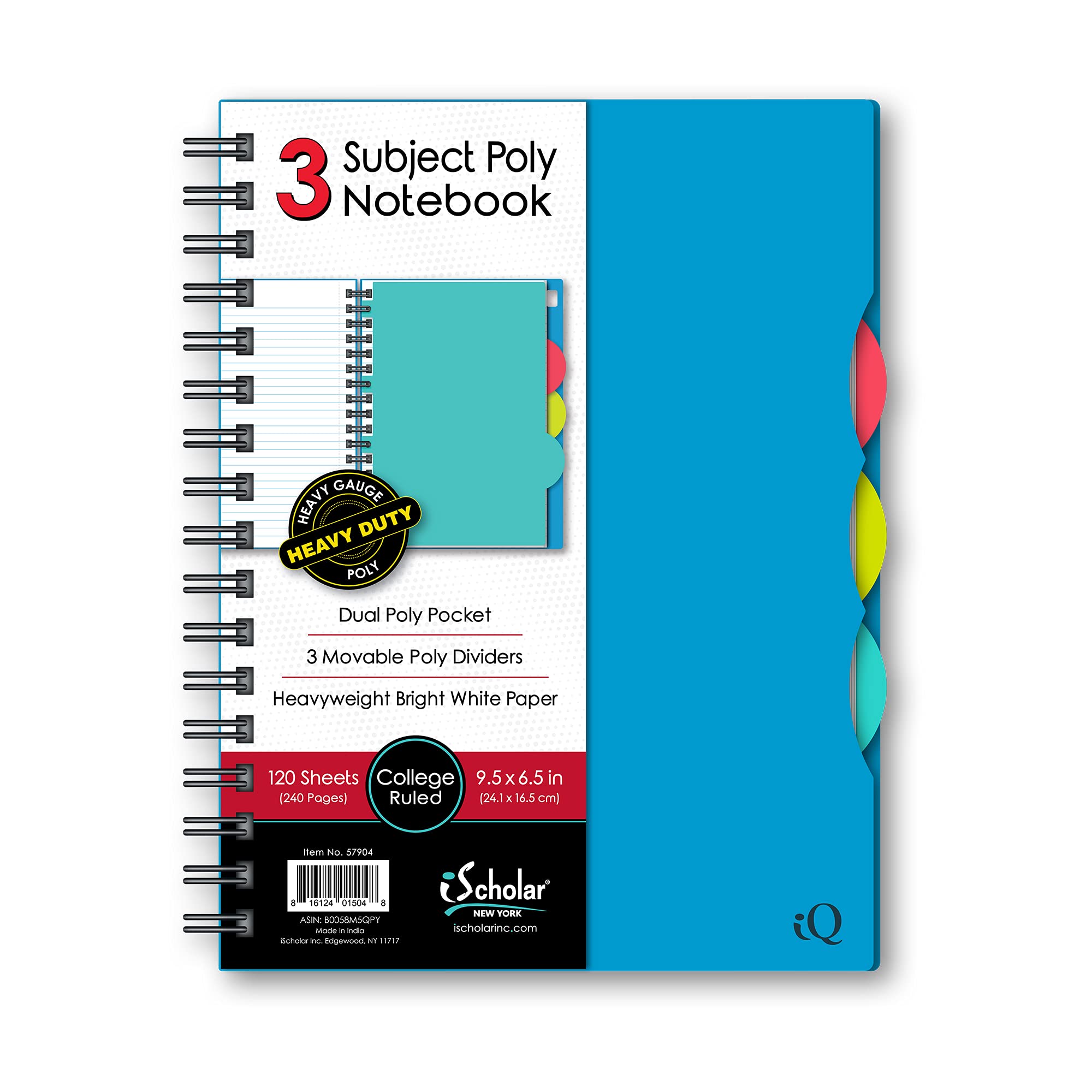 iScholar iQ 3 Subject Poly Cover Double Wire Notebook, College Rule, 9.5 x 6.5 Inches, 120 Sheets, Color May Vary (57904)