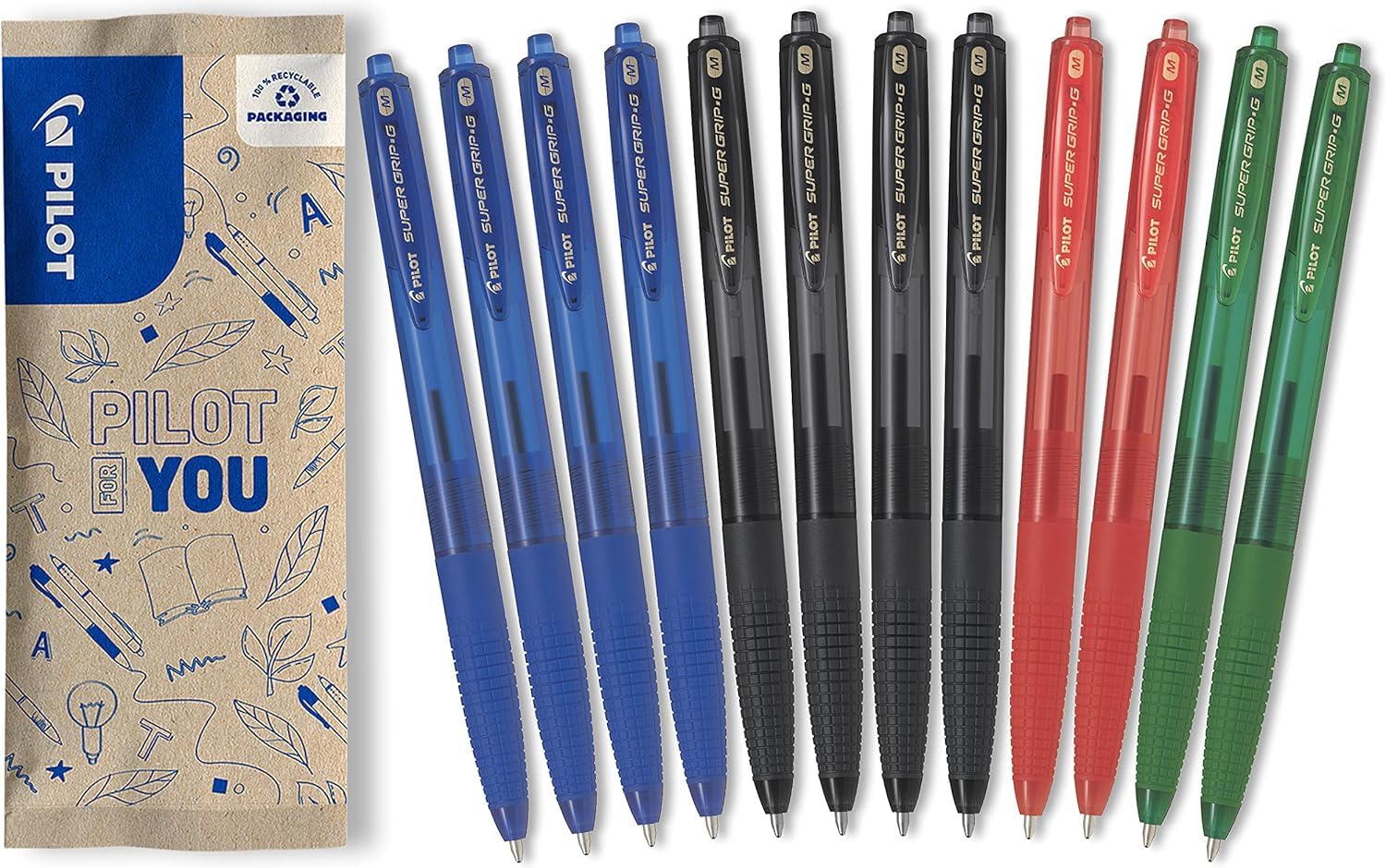 PILOT Super GRIP g Retractable Ballpoint Pen Medium (Blue, Black, Red, Green) (Set of 12)