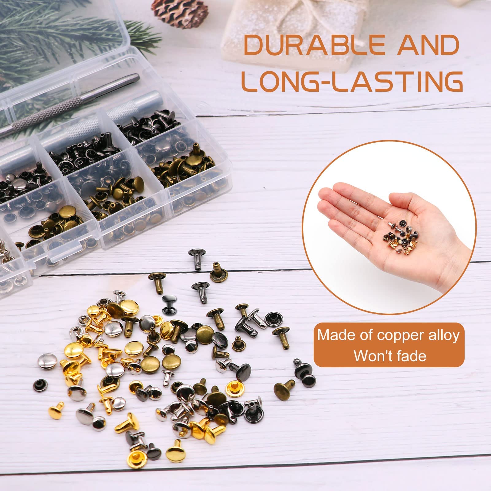 Alritz 240 Sets Leather Rivets, Double Cap Rivet Tubular 4 Colors 2 Sizes Metal Studs with Fixing Tools for DIY Leather Craft/Clothes/Shoes/Bags/Belts Repair Decoration