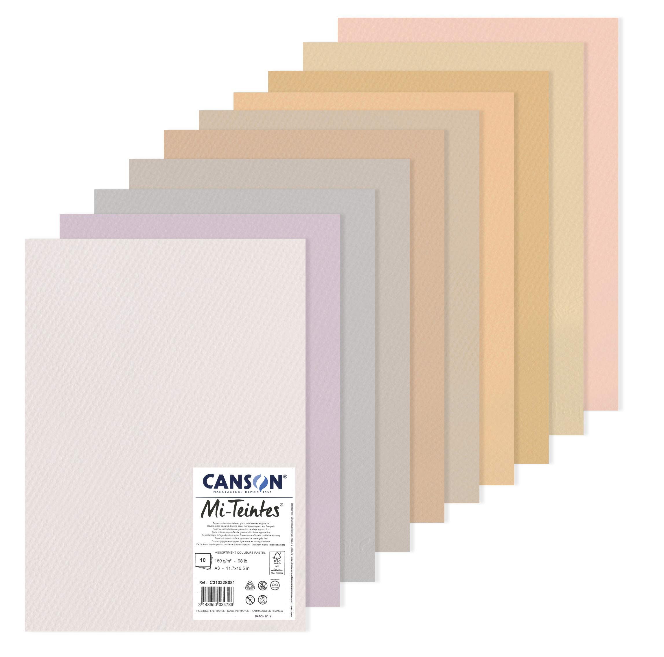 CANSON Mi-Teintes Coloured Drawing 160gsm A3 Paper Pack, Double Sided: Honeycomb & Fine Grain, 10 Pastel Colours Sheets, For Professional Artists & Illustrators
