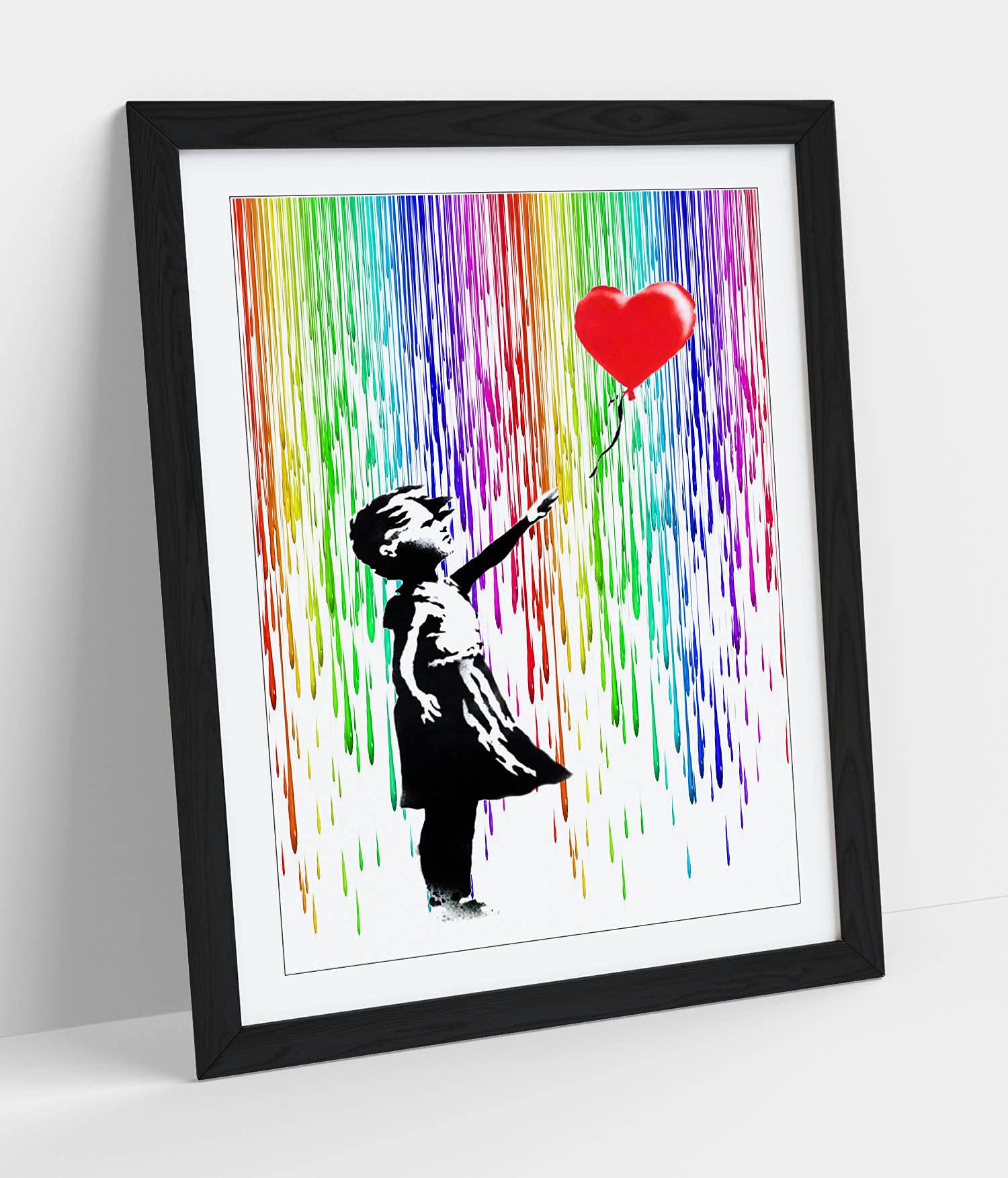 CanvasArtShop BANKSY BALLOON GIRL COLOURED RAIN- PREMIUM WALL ART FRAMED PICTURE PRINTS - 3 COLOURS - 4 SIZES (BLACK, A3)