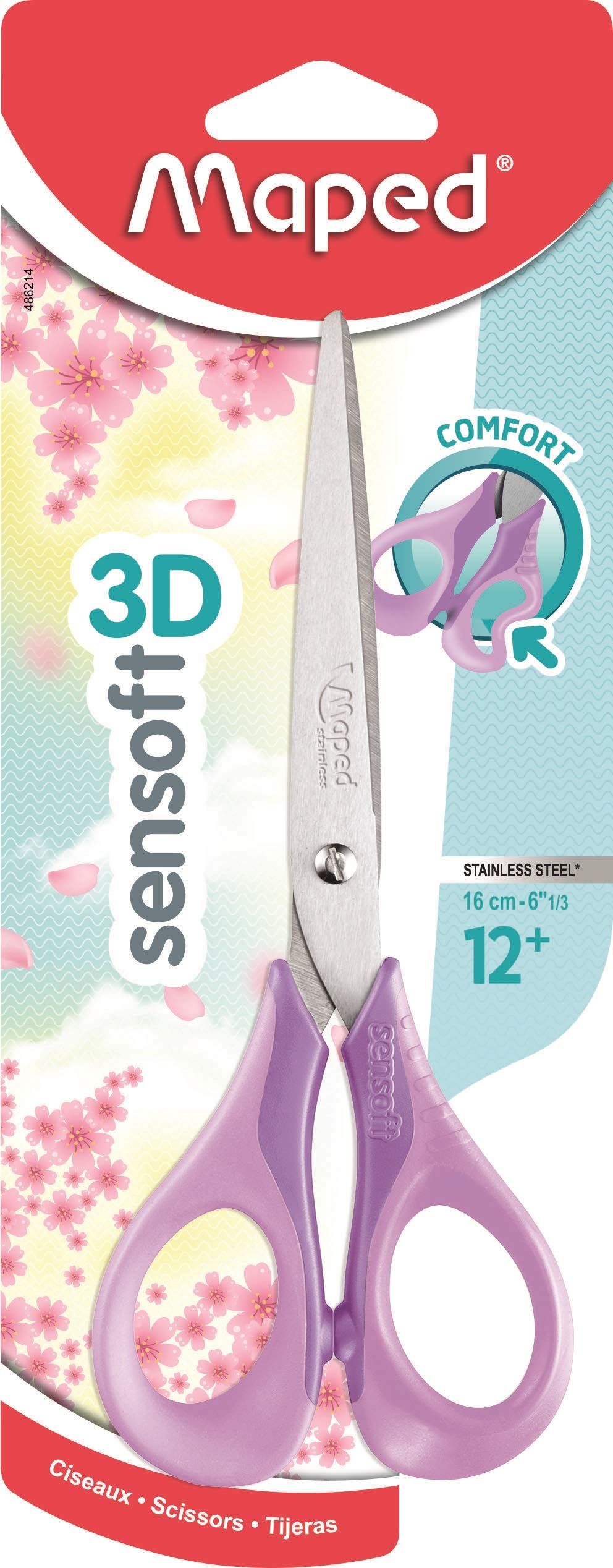 Maped - Sensoft Scissors 16 cm with Soft Rings and 3D Ergonomics - School Scissors from 12 Years - for College and High School - Comfortable and Comfortable Rings - Pastel Purple 486291