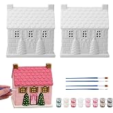 2 Set Ceramic Christmas House to Paint Crafts, Village Styles, 2 Styles | 16 Color Paints Box & 4 Brushes, Unfinished Ceramic Village House, Xmas Ceramic Crafts for DIY Holiday Party Decoration