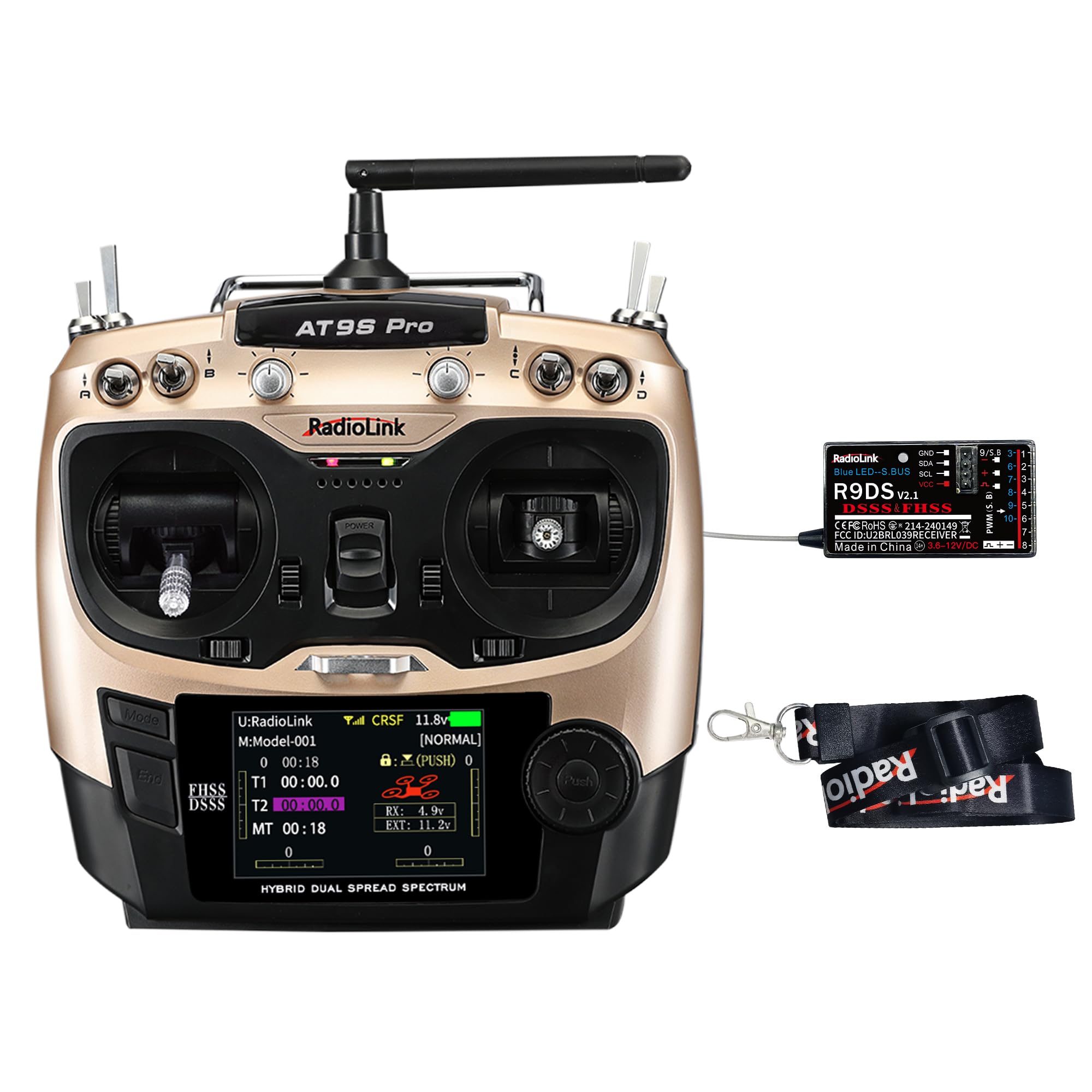 Radiolink AT9S Pro RC Radio Transmitter and Receiver R9DS Kit with 10/12 Channels 2.4GHz, RC Remote Controller 3400M Long Range for FPV Racing Drone Quad Airplane Helicopter and More(Mode2 Left Hand)