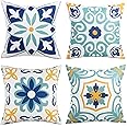 Outdoor Waterproof Throw Pillow Covers Set of 4 Floral Printed and Boho Farmhouse Outdoor Pillow Covers for Patio Funiture Garden 18x18 Inch Blue