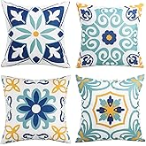 Pyonic Outdoor Waterproof Throw Pillow Covers Set of 4 Floral Printed and Boho Farmhouse Outdoor Pillow Covers for Patio Funiture Garden 18x18 Inch Blue