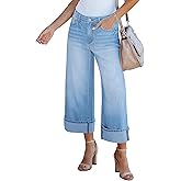 GRAPENT Wide Leg Jeans for Women High Waisted Stretchy Denim Crop Pants Fold Hem Cropped Baggy Jeans with Pockets