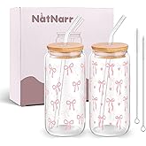 2 Pcs Coquette Pink Bow Glasses Cups, 16oz Cute Bow Glass Cups with Lid Brush and Straw Aesthetic Iced Coffee Cup, Girly Preppy Design Glasses Drinking for Teen Girls Women Men Kids Gift Trendy Stuff