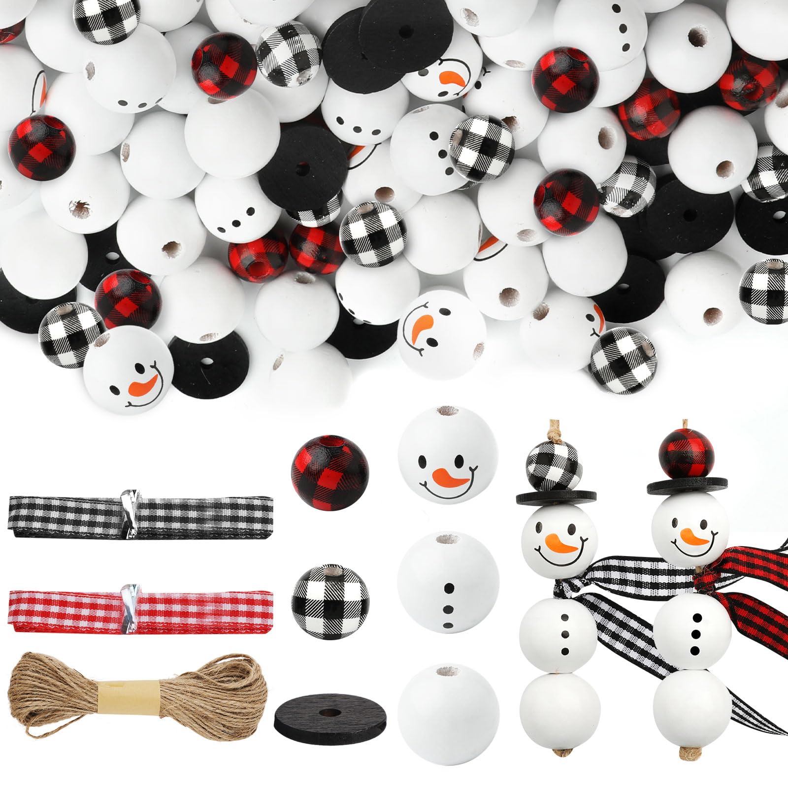 180pcs Christmas Wooden Buffalo Plaid Beads with DIY Twine Scarf Craft for DIY Decoration (Red & Black Plaid)