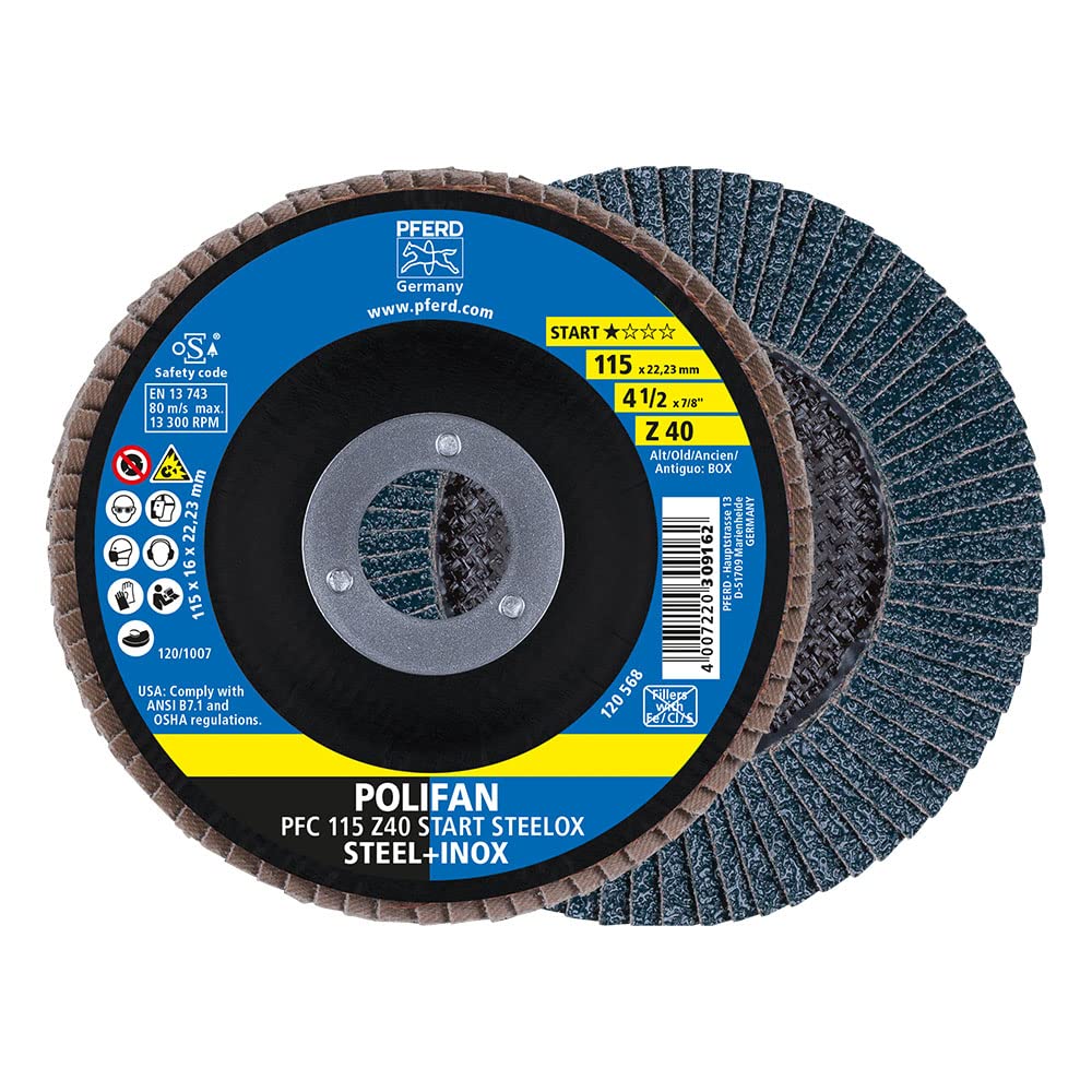 PFERD Polifan Serrated Washer, Pack of 10, PFC 115 x 22.23 mm Conical Z40 Start Line Start Steelox 69300936 - for Steel, Stainless Steel (INOX)