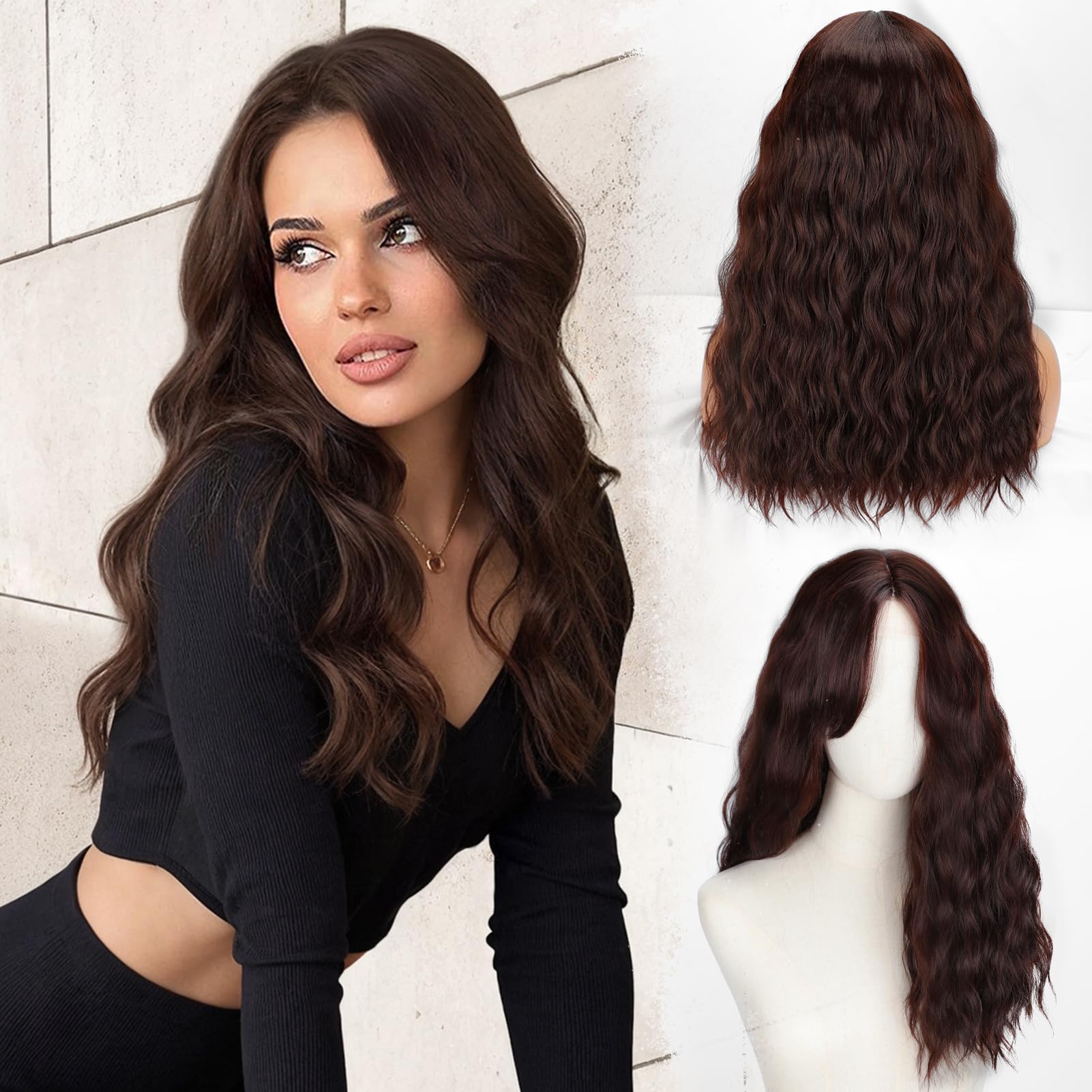 Photo 1 of ** USED** BCHR Brown Wig with Bangs 18 Inch Curly Wavy Wigs for Women Mediun Length Synthetic Curtain Bang Wavy Hair Wigs for Daily Party Use