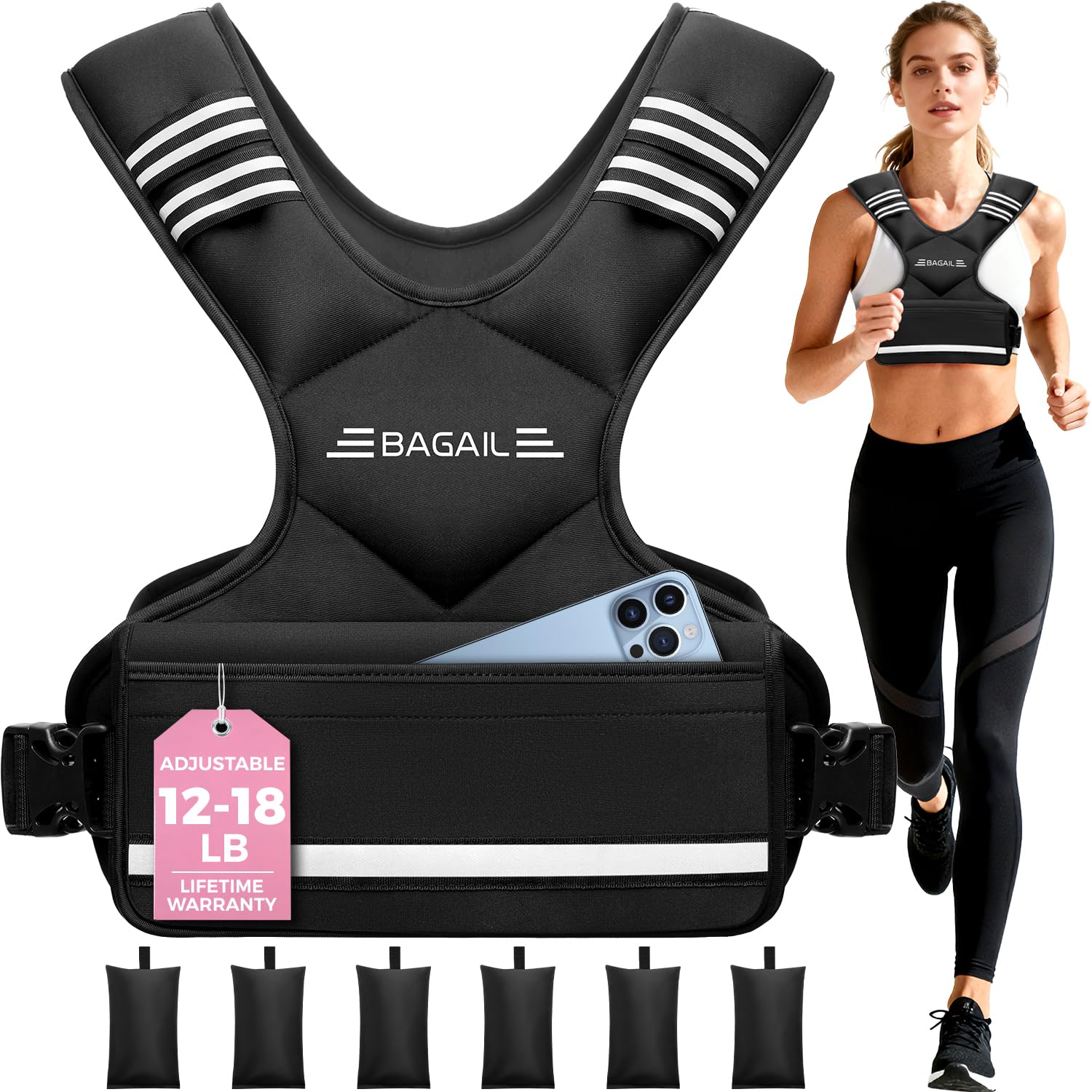 BAGAIL Adjustable Weighted Vest for Men & Women 12-18lb, Comfortable U-Neck Rucking Vest with 6 Removable Weights, Storage Pocket and Reflective Strips for Running, Rucking, HIIT, Cardio & Home Gym Image
