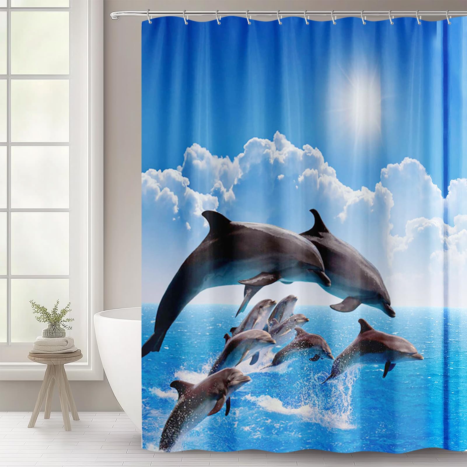 WOWTOY Shower Curtain with 12 Hooks, Waterproof Polyester Fabric Bathroom Bathtub Shower Curtain Liner, Weighted Hem, Washable, Quick Dry (180 x 180cm, Ocean 02)