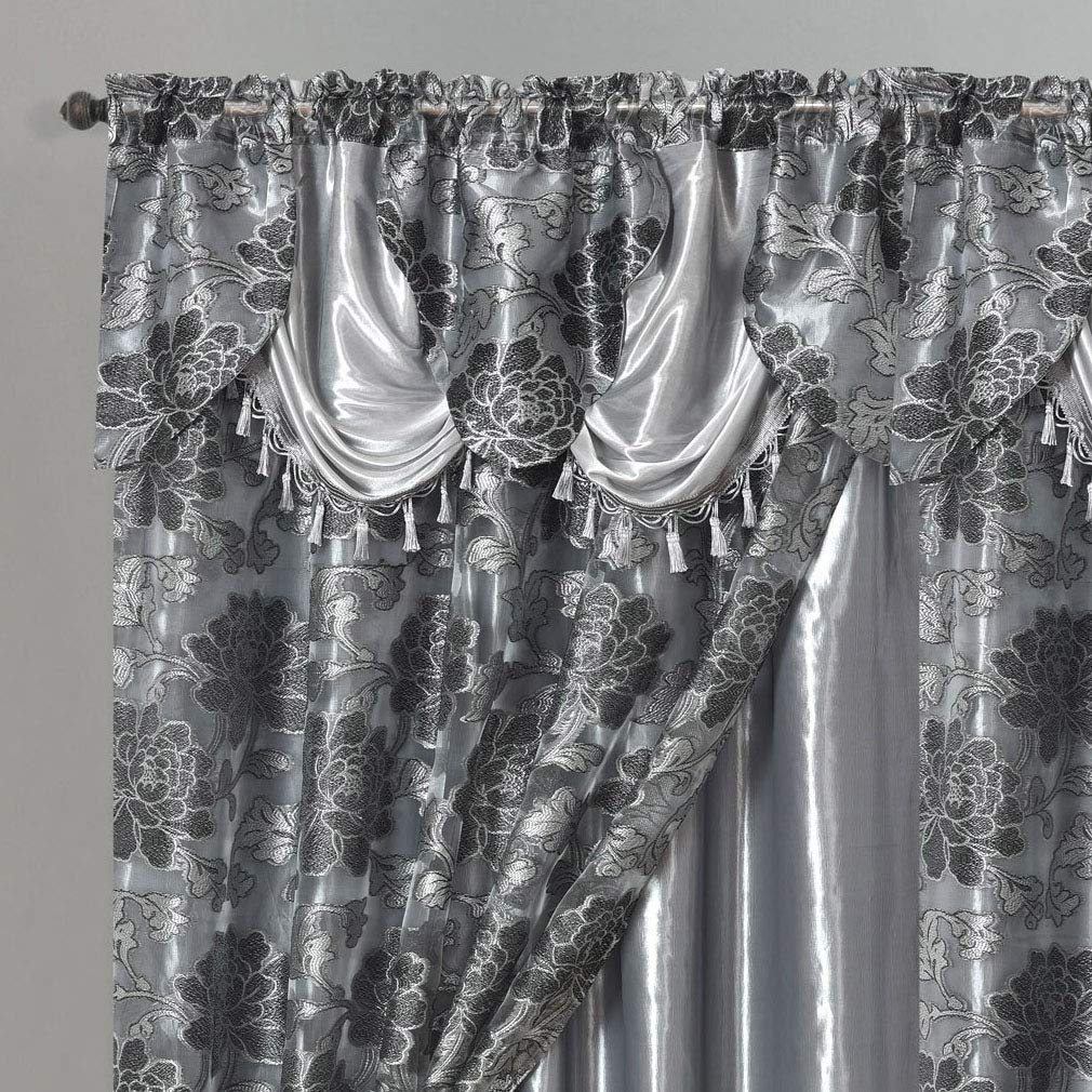 GOHD Royal ROSARIUM. Clipped Voile. Voile Jacquard Window Curtain with Attached Fancy Valance and Taffeta Backing. 2pcs Set. Each pc 54 inch Wide x 84 inch Drop + 18 inch Valance. (Grey) — image 1