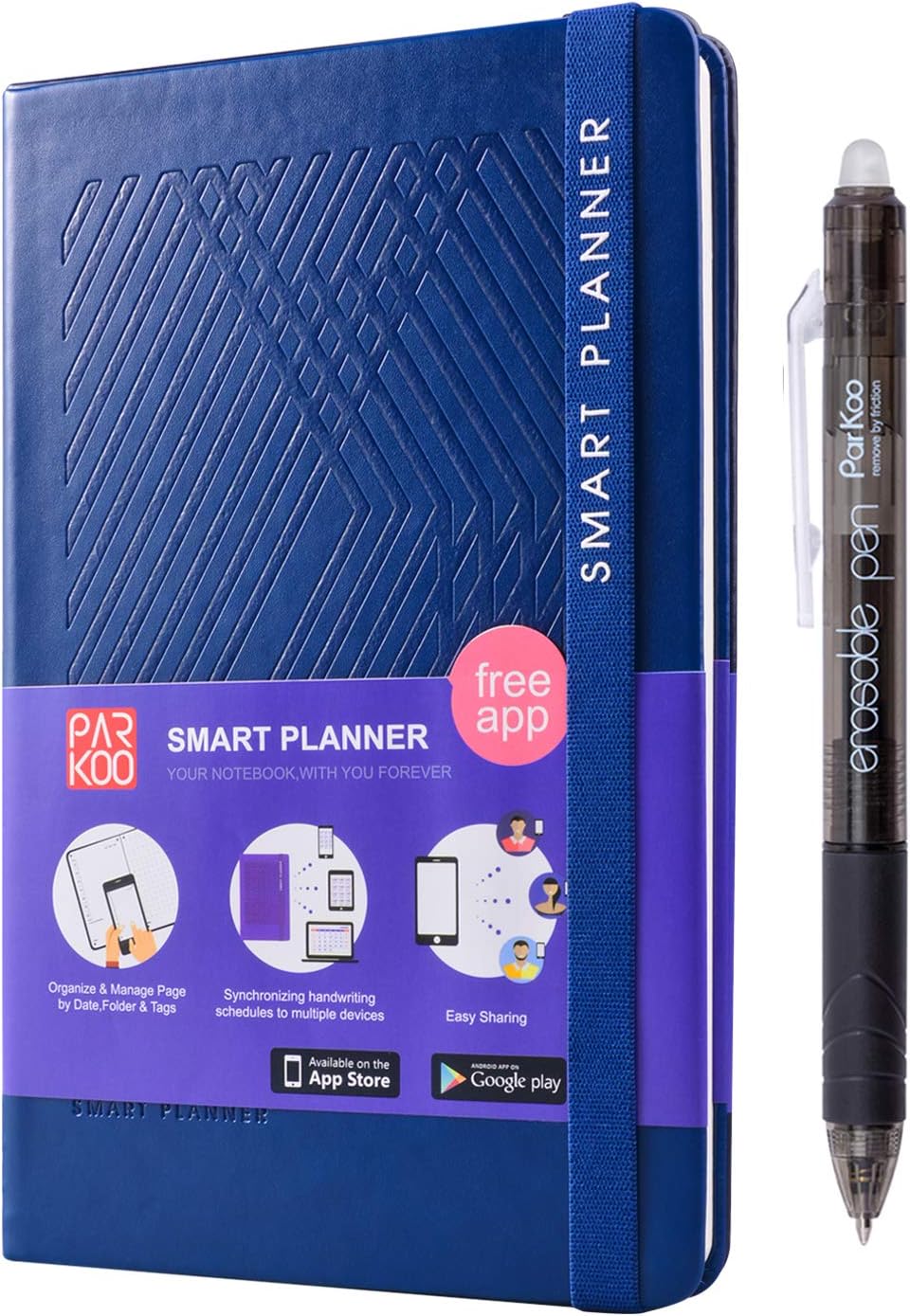 ParKoo Smart Notebook/Planner with Erasable Pen, Cloud Storage, A5 PU Leather Hard Cover, Daily Time Management & Dotted Grid Page, 190 Pages, Blue
