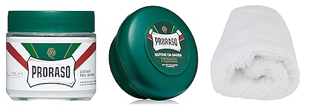 Proraso GREEN Set - Rasierseife im Tiegel 150 ml + Pre-Shave Cream 100 ml + Baumwoll-Waschhandschuh 100% Baumwolle – Grüne Se