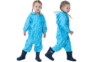 Fouyada Kids Toddler Rain Suit for Boys Girls One Piece Hooded Waterproof Coverall Rain Jacket Unisex Kids Puddle Suit