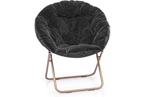 MoNiBloom Round Folding Faux Fur Saucer Chair for Bedroom Living Room Dorm Garden Courtyard Foldable Metal Frame Oversized Large Comfy Furry Padded Soft Lounge Lazy Cozy Moon Chair for Adults (Black)