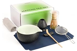 Joiish Matcha Kit Set, Matcha Whisk and Bowl with Spout, Matcha Sifter, Whisk Holder, Matcha Scoop and Scoop Rest, Perfect Matcha Kit for Matcha Tea 7 Pcs (Charcoal Grey)