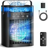 Portable Air Conditioner Mini Desktop AC Fan with Remote, 1000ml Water Tank | Small Air Conditioner Portable 3 Wind Speed &amp; 3 Mist Level &amp; 2-8H Timer &amp; 7 LED Light AC Unit for Home Office Room, Black