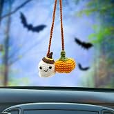 Crochet Car Mirror Hanging Accessories, Halloween Pumpkin and Ghost Cute Car Accessories for Women Teen Handmade Knitted Rear View Mirror Accessories