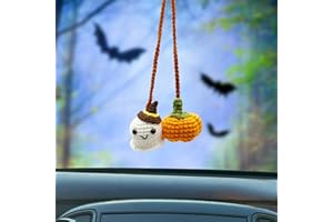 MHRYEZ Crochet Car Mirror Hanging Accessories, Halloween Pumpkin and Ghost Cute Car Accessories for Women Teen Handmade Knitted Rear View Mirror Accessories