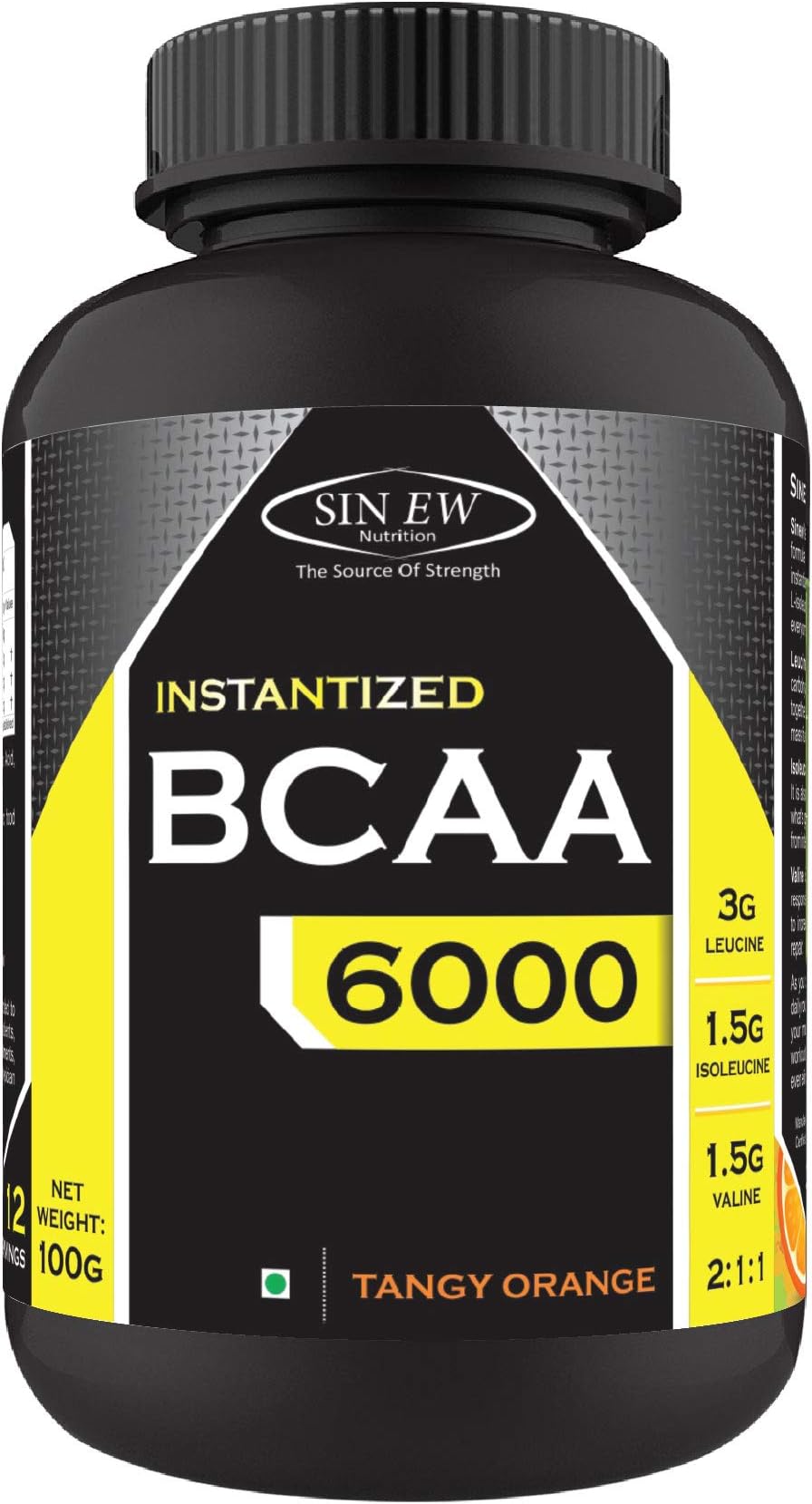 Sinew Nutrition Instantized BCAA 2:1:1, 100gm/0.22lb (Tangy Orange) – 12 Servings