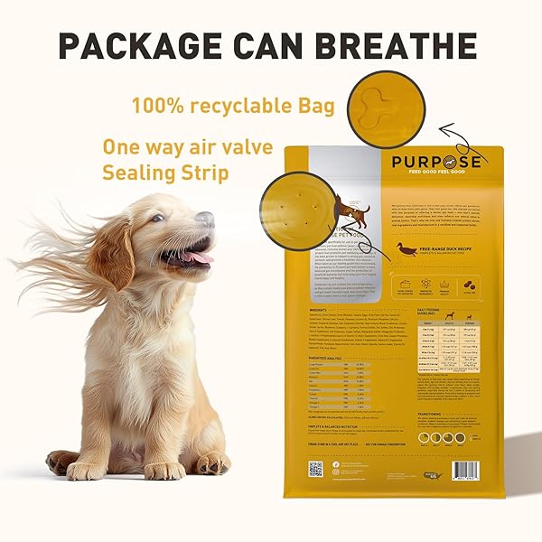 PURPOSE NATURAL DRY DOG FOOD, GRAIN FREE DRY DOG FOOD, PROTEIN RICH DOG FOOD FOR ALL BREEDS AND LIFE STAGES, FREE-RANGE DUCK RECIPE WITH POSTBIOTICS, 4.5LB BAG, USA MADE