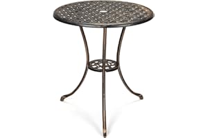 SunnyFurn 24" Outdoor Round Patio Bistro Table, Cast Aluminum Outdoor Cafe Table with 2 inch Umbrella Hole for Porch,Backyard,Garden, (Classic Square Pattern, Brown)