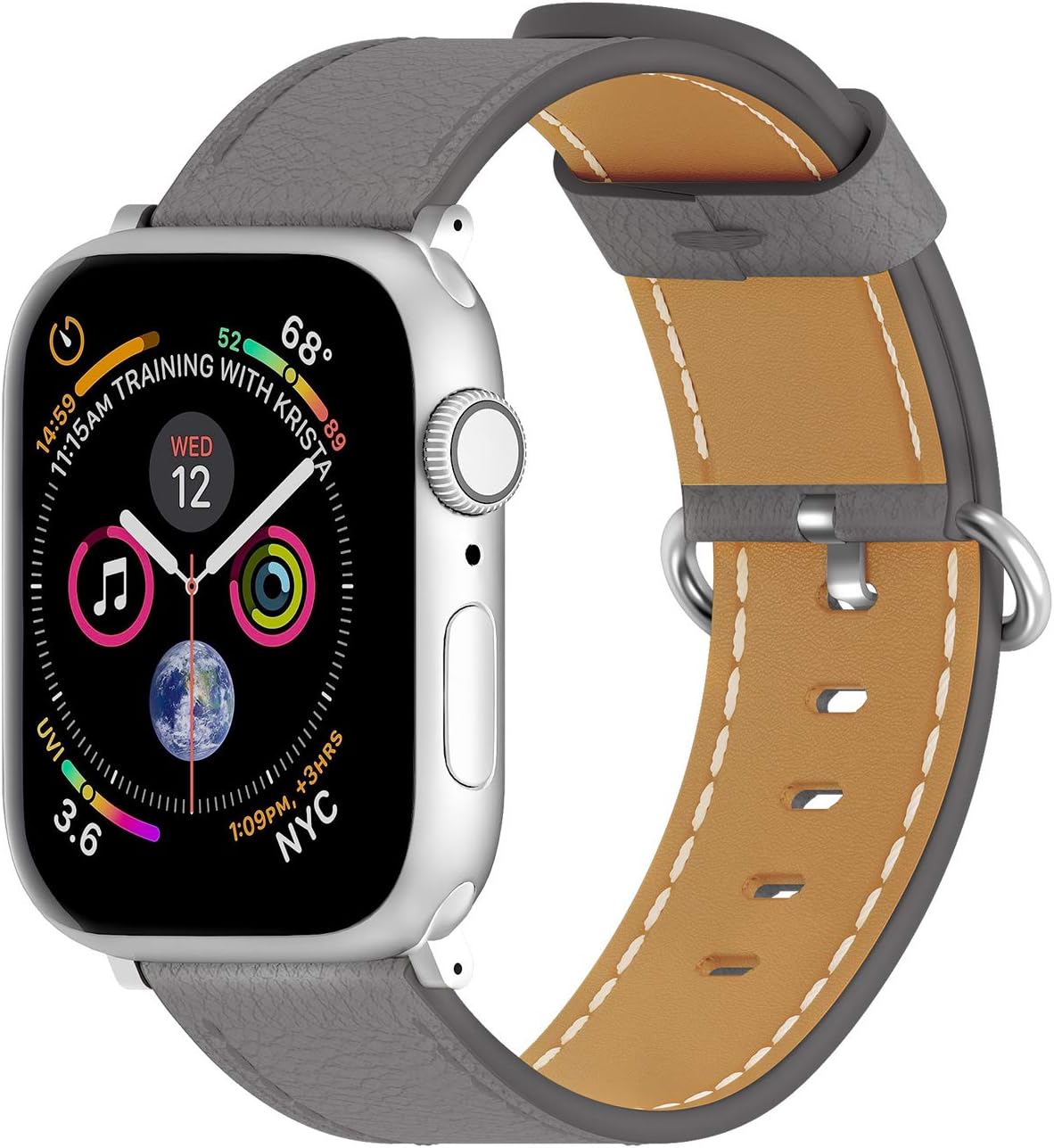 ARTCHE 42mm 44mm Leather Watch Band for Apple Watch, Genuine Replacement Strap Compatible with iWatch Bands Series SE, 6, 5, 4, 3, 2, 1, with Quick Relase Buckle, Grey