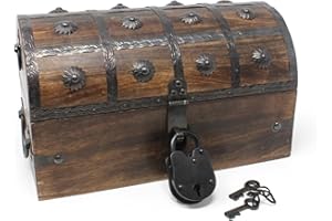 Nautical Cove Pirate Treasure Chest with Iron Lock and Skeleton Key (Medium 11x6x6.75) – Wooden Storage Chest, Pirate Decor, Decorative Wooden Box, Keepsake Box