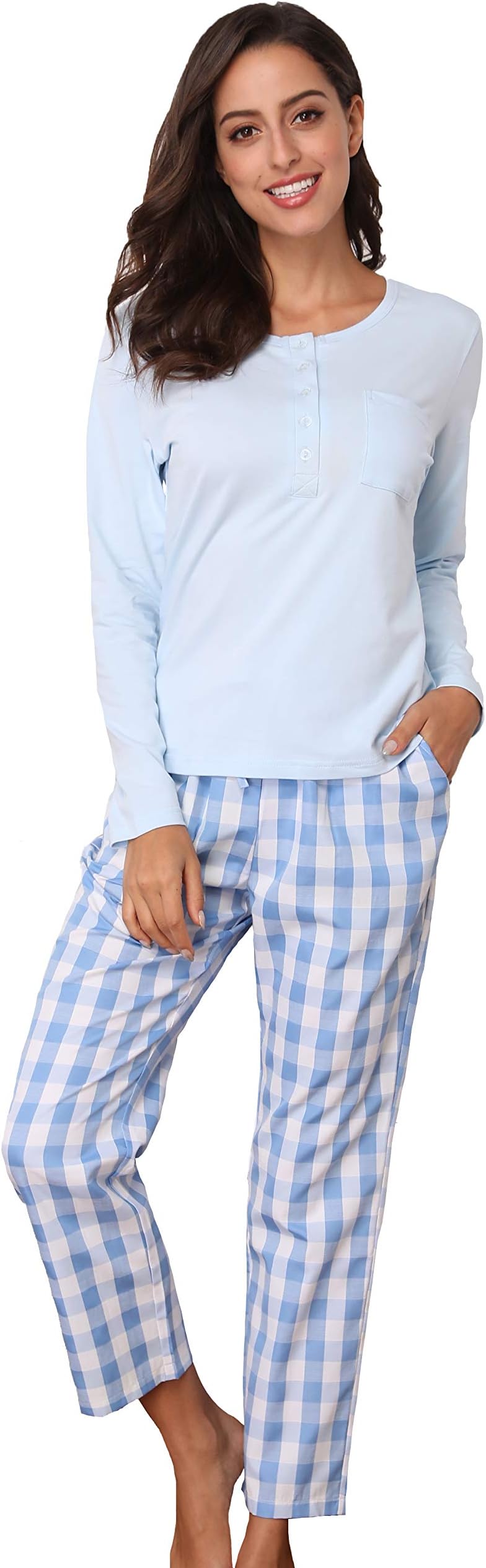 Memory baby Women Pyjama Set Ladies Pjs Sleepwear Plain Long Sleeve Top Button Up Plaid Lounge Pants Nightwear