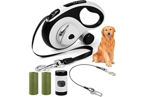 ODRIEW 26ft Retractable Dog Leash with Chew Proof Cable, Heavy Duty Dog Leash for Large Dogs up to 110lbs, with LED Light, Non-Slip Handle, 360° No-Tangle, Poop Bag Holder, One-Handed Brake (White, L 26ft)