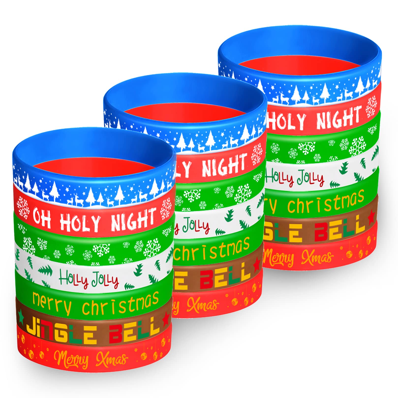 FEPITO 70 Pieces Christmas Silicone Wristbands Rubber Band Bracelets for Christmas Party Decoration Supplies 7 Merry Xmas Style