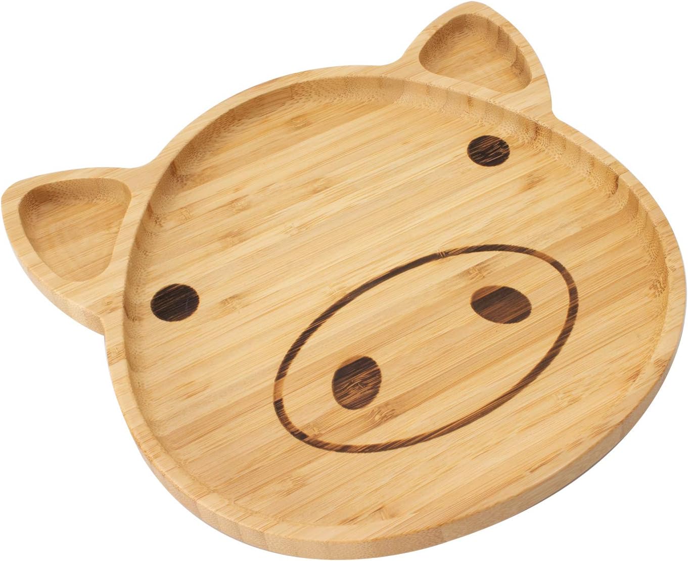 Bamboo Kid Plate Bamboo Dinner Tableware for Baby Feeding Portion Control with 3 Dividers (Pig)