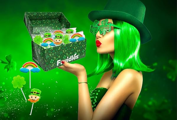 FRUIDLES ST. PATRICK’S DAY LOLLIPOPS, 24-PACK LEPRECHAUN, GREEN SHAMROCK, AND RAINBOW LOLLIPOP SUCKERS, PARTY FAVOR BOX, INDIVIDUALLY WRAPPED (24-PACK)