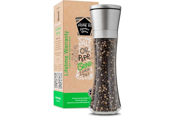HOME EC Original Stainless Steel Salt or Pepper Grinder 1pk - Adjustable Ceramic Sea Salt Grinder or Pepper Mill - Tall Glass Spice Shaker - Spice Mill w/EBook