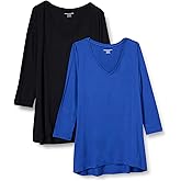 Amazon Essentials Women's 3/4 Sleeve V-Neck Swing T-Shirt (Available in Plus Size), Pack of 2