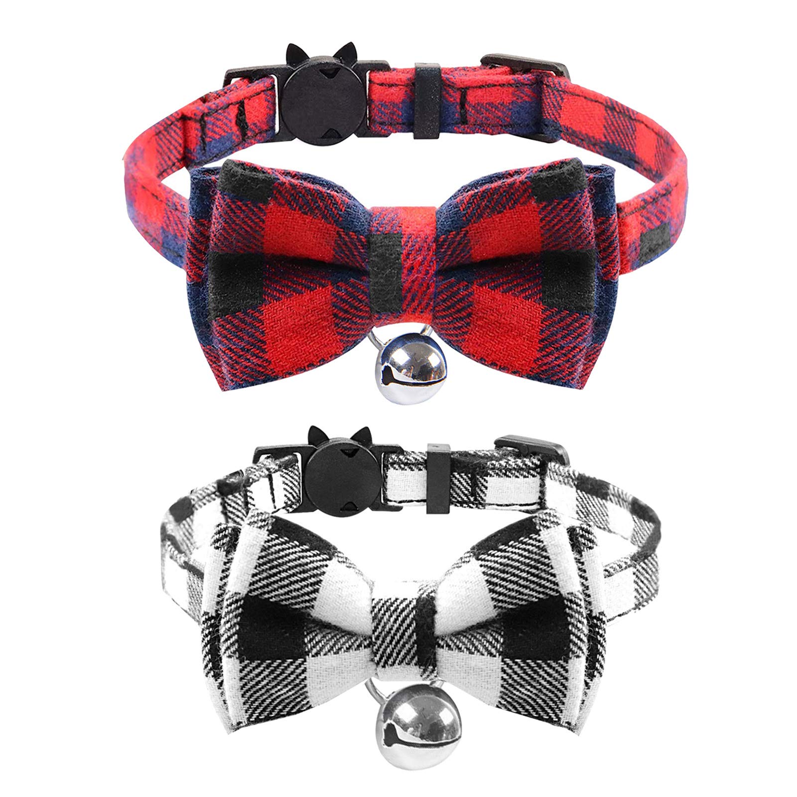 2PCS Plaid Cat Collars Quick Release Kitten Collar Bow Tie Safety Cat Bowtie Collars Christmas Cat Bow Collar With Bell Soft Tartan Collar Adjustable Pet Collars For Kitten Puppy Black Red