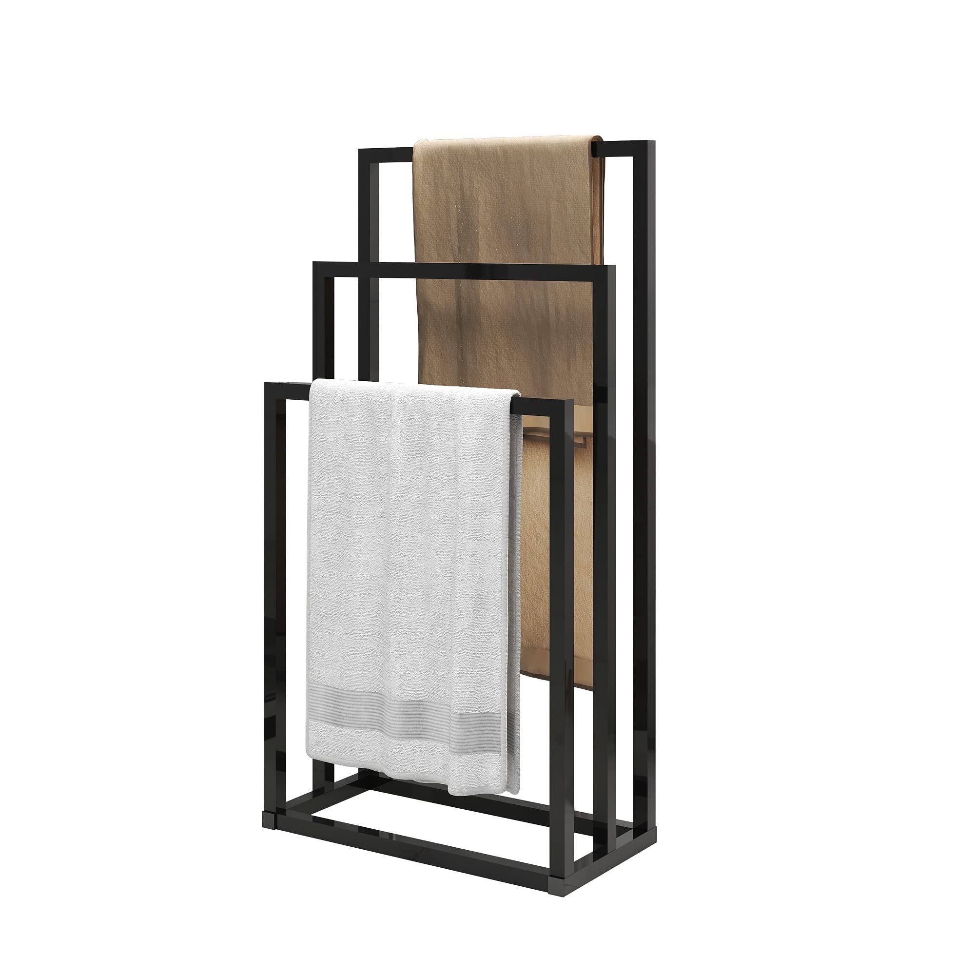 JELUTE Free standing Towel Rail, Holder,Stand and Towel Drying Rack with 3-Tier Towel Stand Rail for Bathroom & Hand Towel, Black