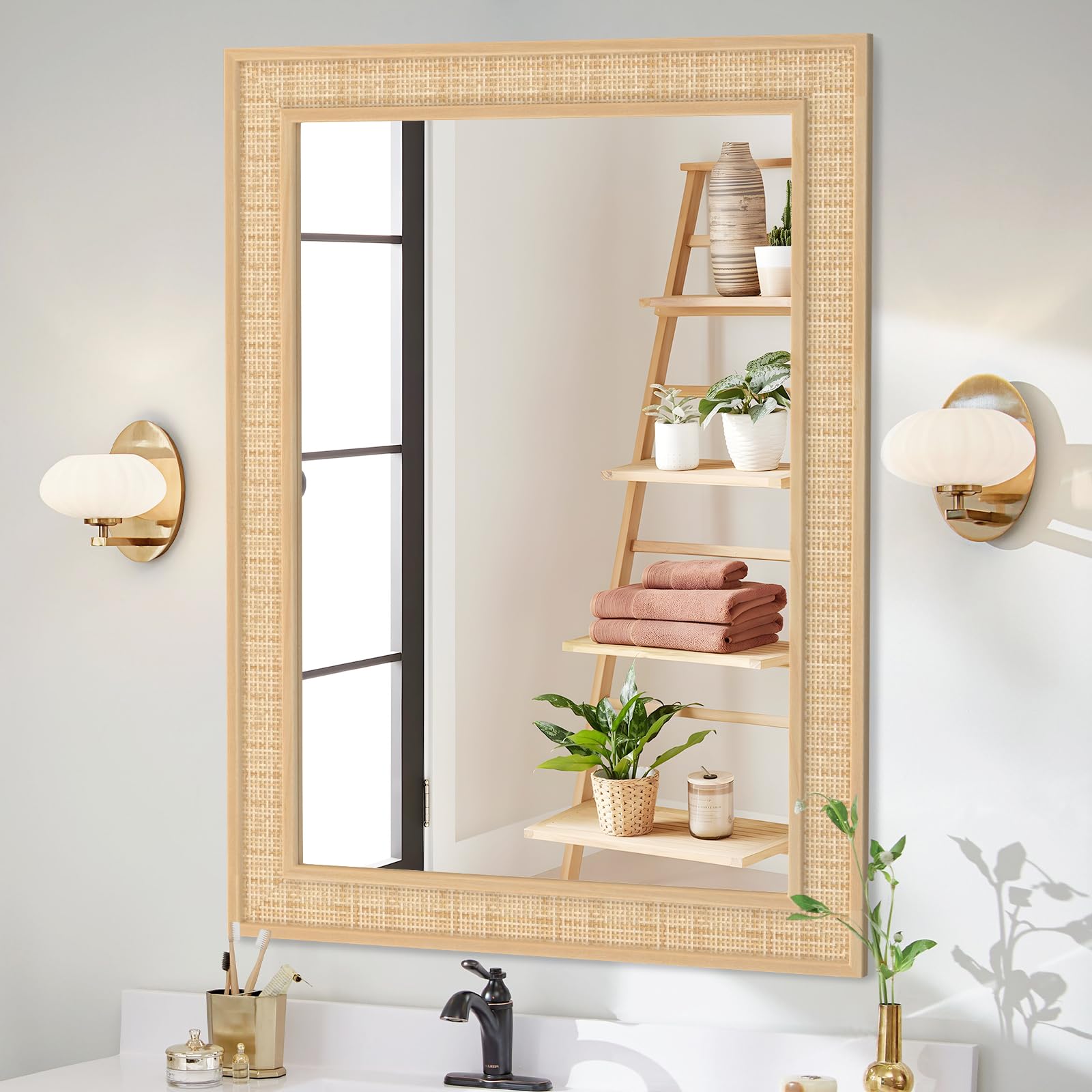 Photo 1 of **BROKEN CORNER**FUWU HOME Rattan Wall Mirror with Wooden Framed 28 X 40 inch Farmhouse Rectangle Wood Mirror for Modern Decorative Bathroom, Living Room, Entryway, Bedroom