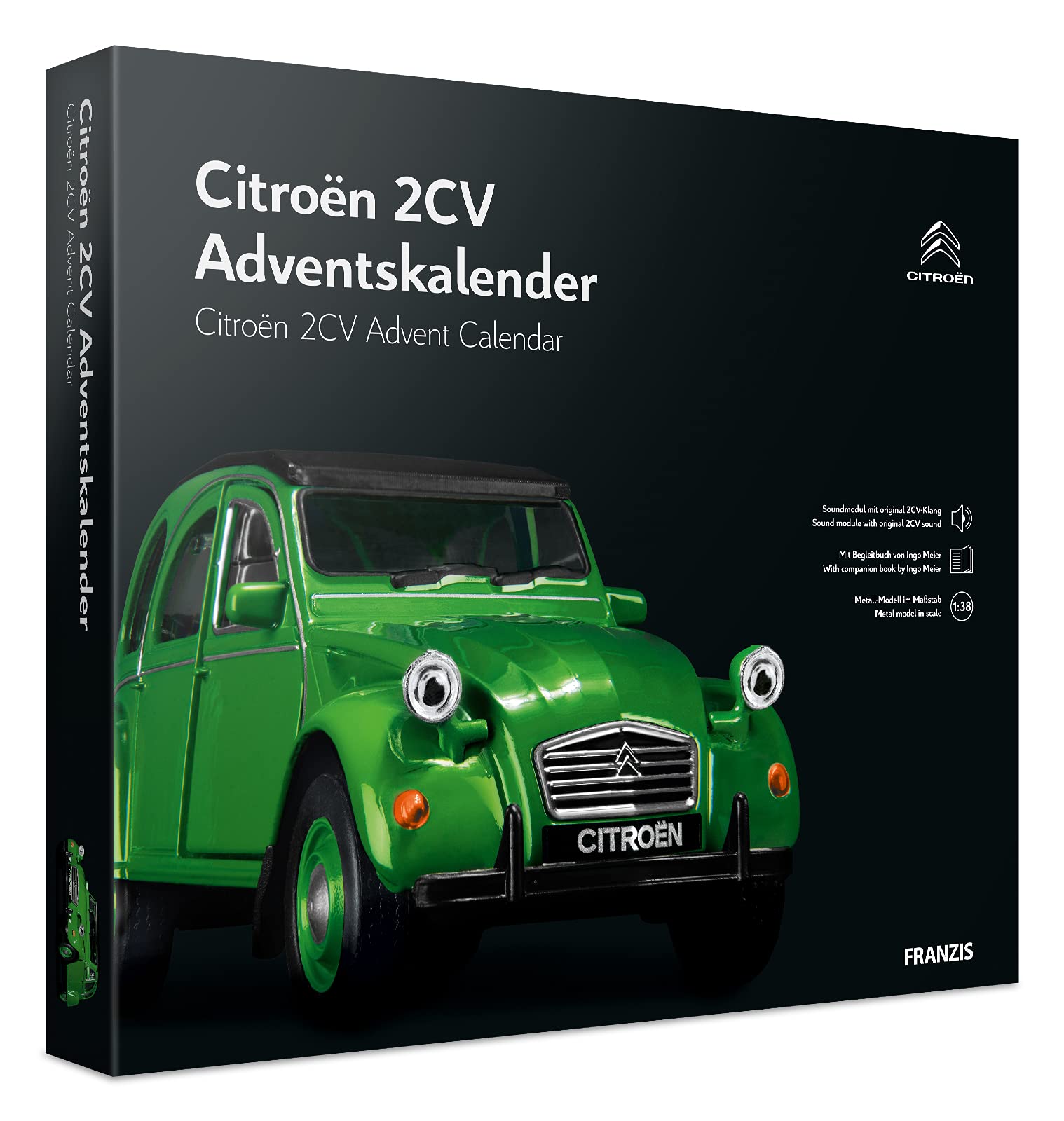 Franzis 55154 Citroen 2CV Advent Calendar Green Metal Model Kit in Scale 1:38 Includes Sound Module and 50 Page Accompaniment Book