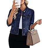 Vetinee Womens Jean Jacket Cropped Denim Jackets Stretchy 3/4 Puff Sleeve Distressed Shacket with Pockets