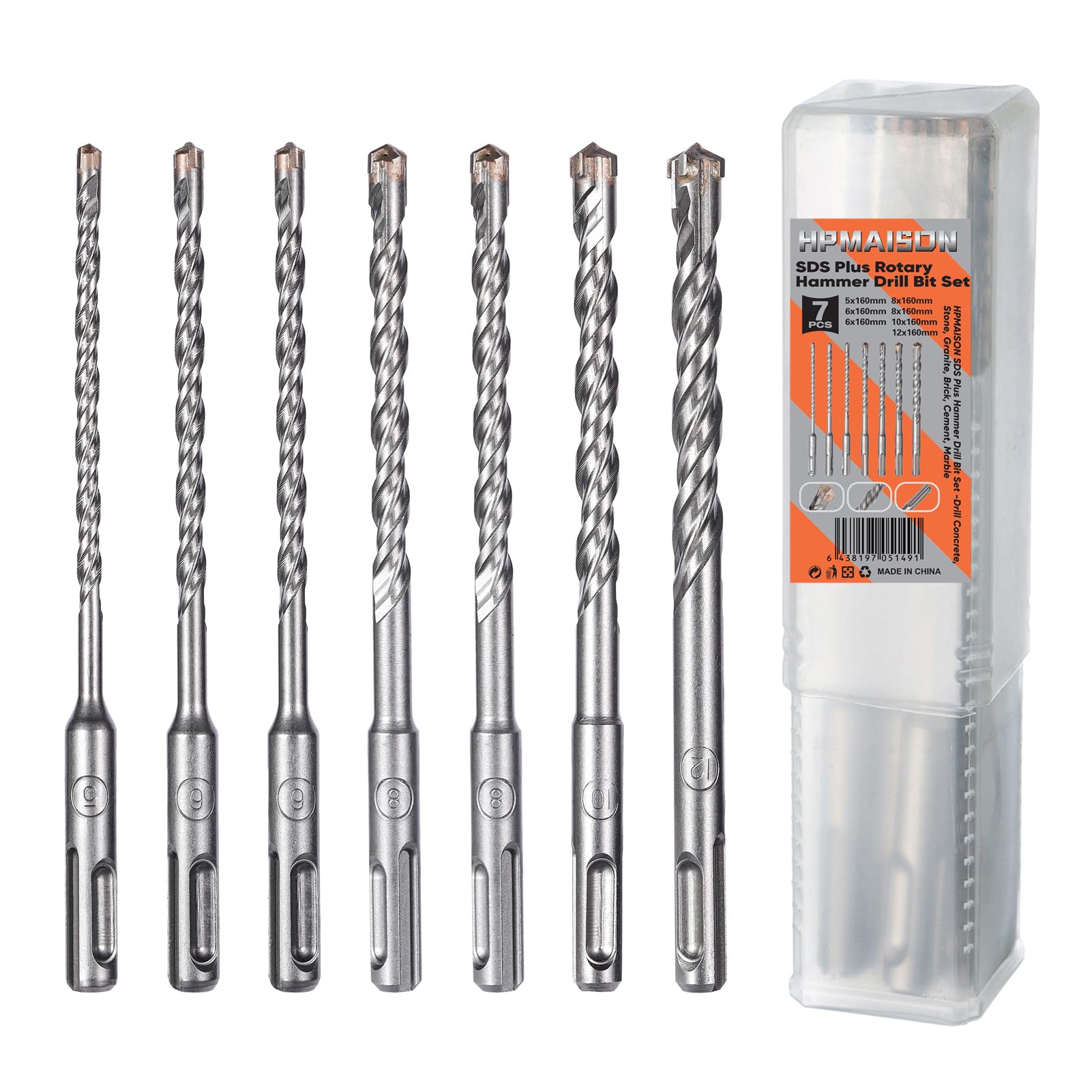 HPMAISON SDS Plus Hammer Drill Bit, 7PCS Cross Drill Bits, 4-Cutter Tungsten Carbide Tip Fully Hardened Tool for Concrete, Brick, Cement, Stone, Granite, Marble & Masonry, Ø 5/6/6/8/8/10/12mm x 160mm — image 1