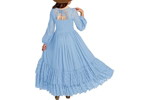 MITILLY Girls Boho Long Sleeve Backless Lace Flower Square Neck Tiered Ruffle Swing Party Maxi Dress